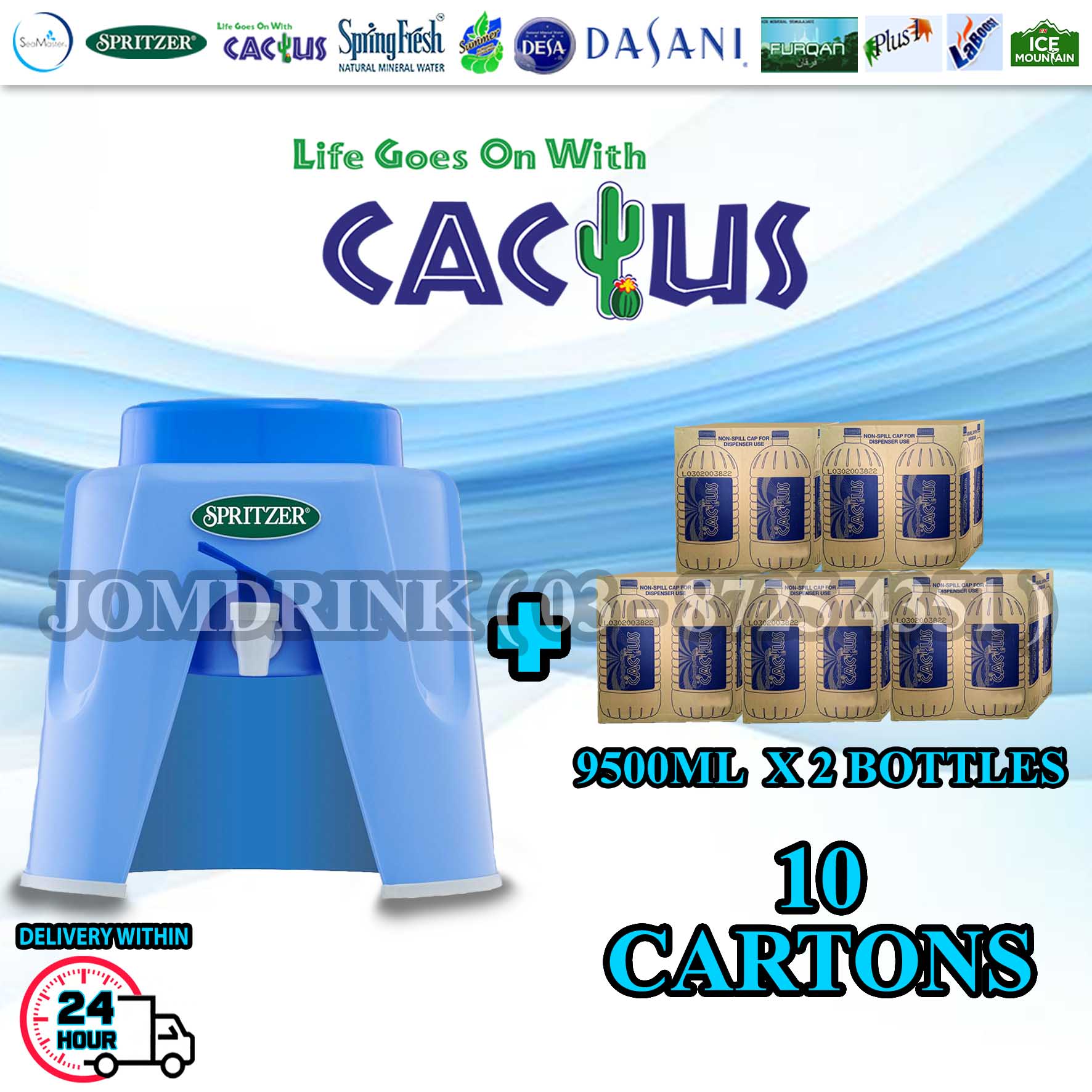 SPRITZER DISPENSER + PACKAGE OF 10 CARTON MINERAL WATER CACTUS 9.5L x 2 BOTTLES